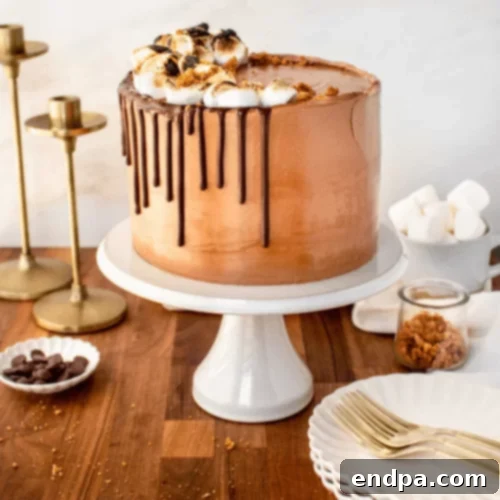 A slice of peanut butter s'mores cake with toasted marshmallow frosting.