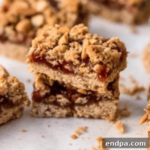 Peanut butter and jelly bars, cut into squares.