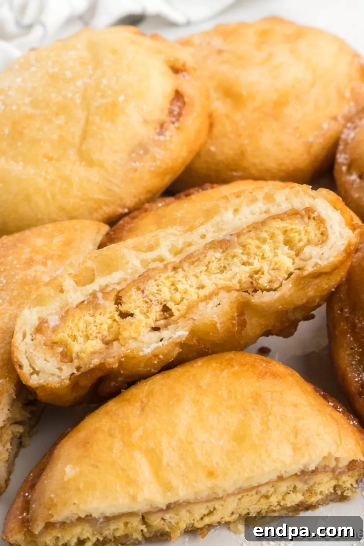 A delectable pile of golden brown Deep Fried Honey Buns, dusted with powdered sugar, ready to be enjoyed.