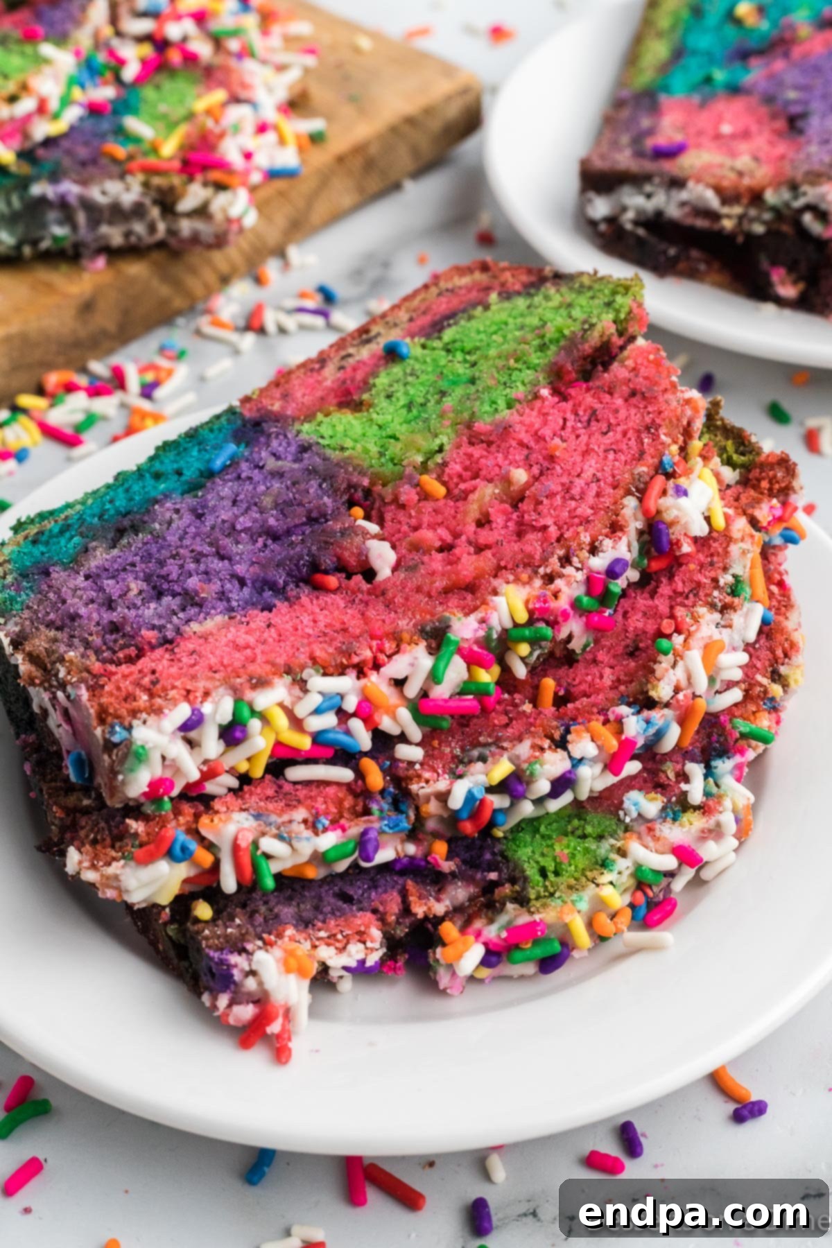 Sliced Unicorn Bread on a plate, showing its colorful layers and sprinkles.