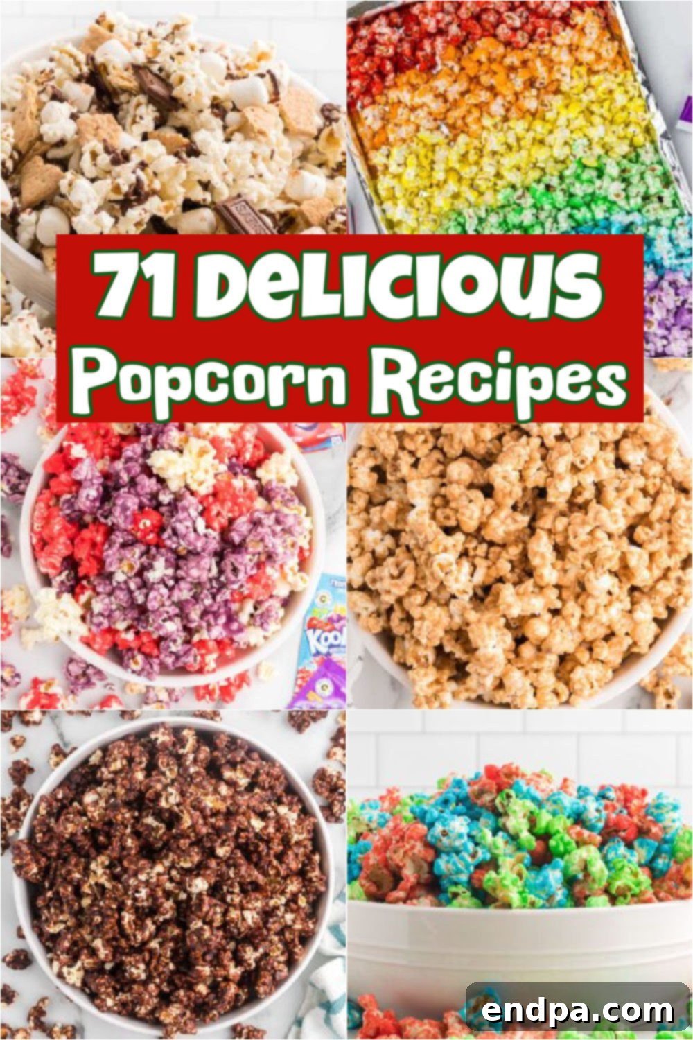A large bowl of various gourmet popcorns, including caramel, chocolate, and colored varieties, showcasing the diverse range of flavored popcorn recipes available.