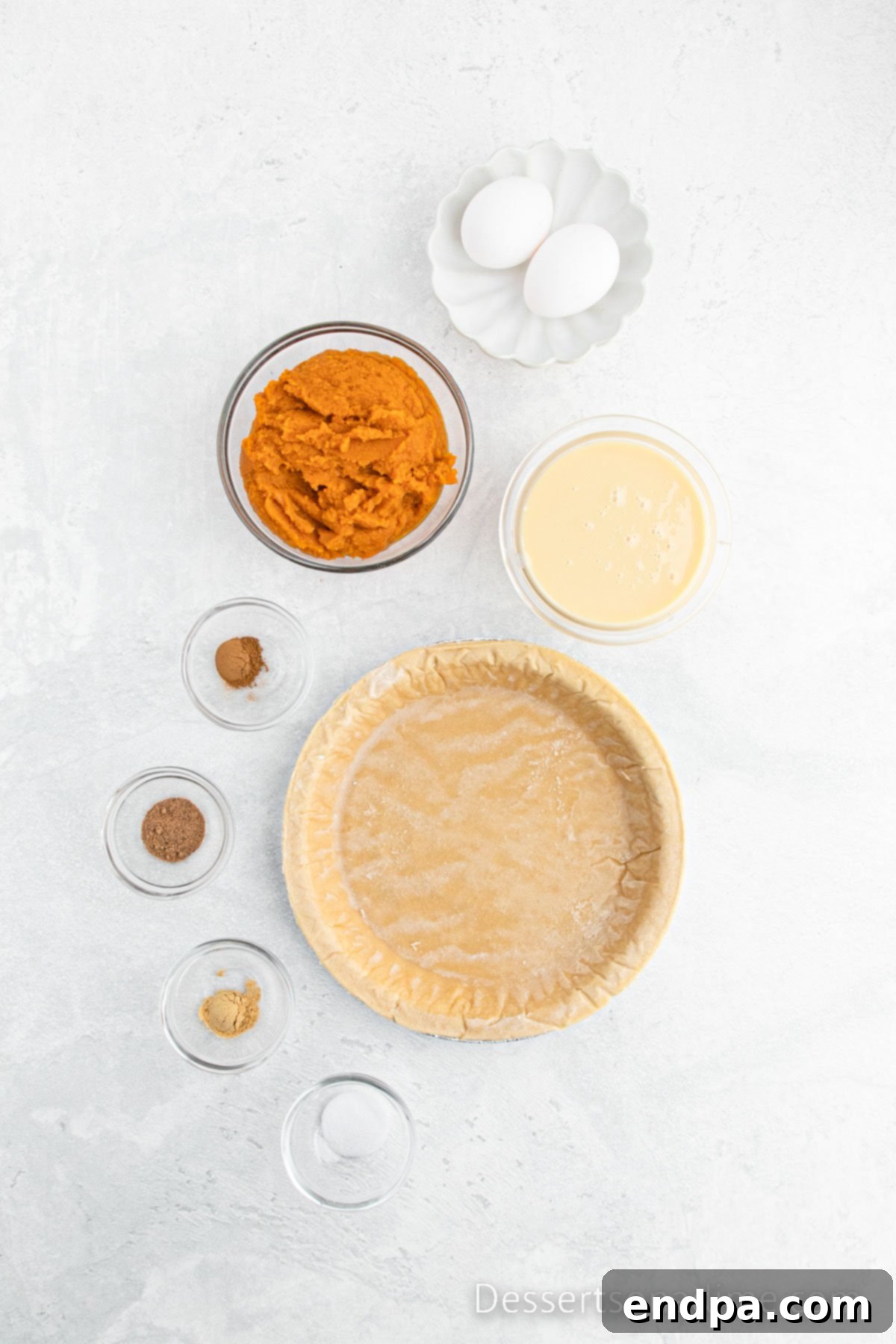 A visual display of the key ingredients needed to bake a pumpkin pie, including pie crust, pumpkin puree, sweetened condensed milk, eggs, ginger, and nutmeg.