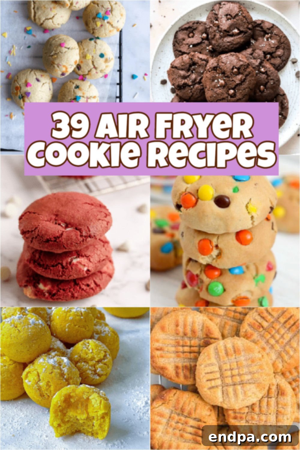 A delightful collection of air fryer cookies, showcasing various flavors like classic chocolate chip, peanut butter, and more, perfectly baked and garnished for an inviting dessert spread.