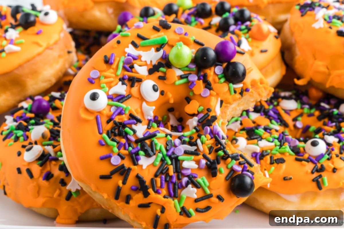 Spooky Delicious Halloween Donuts 2 Stacked Halloween Donuts with festive sprinkles and frosting.