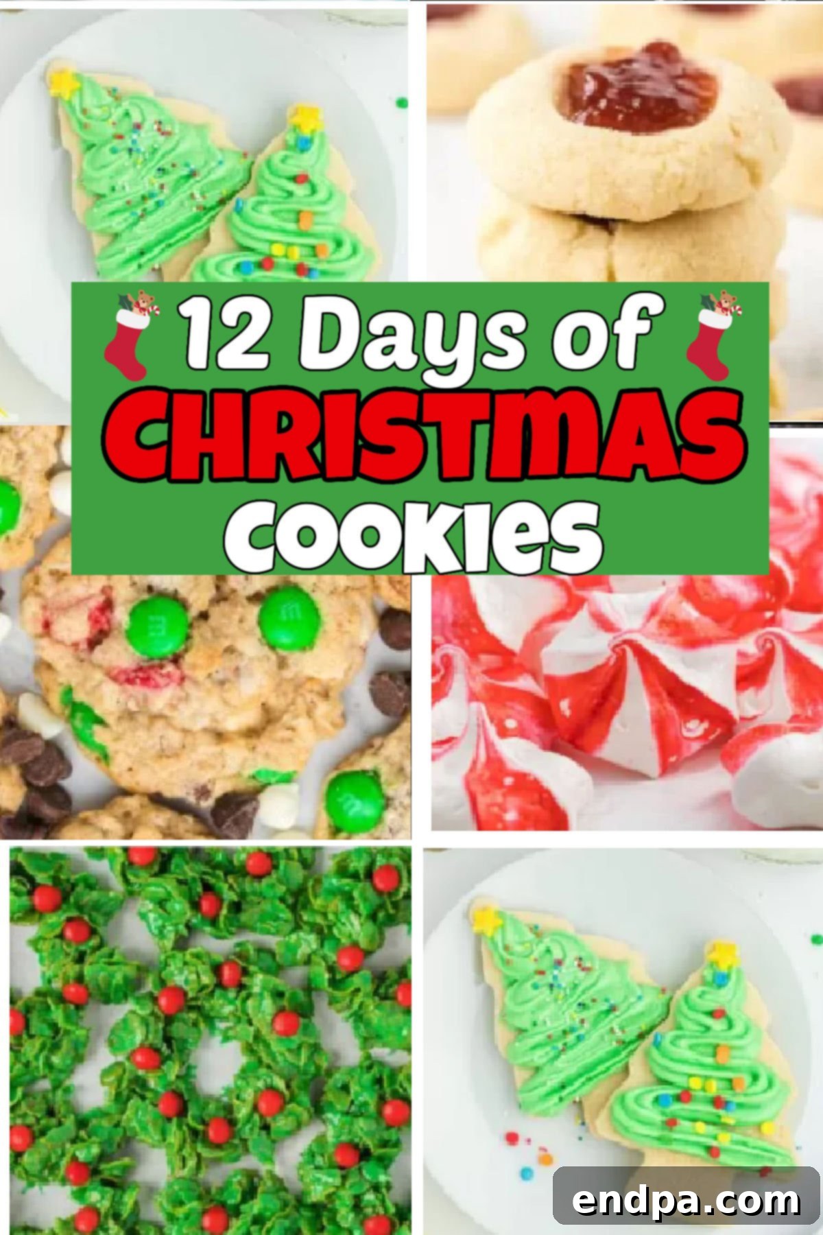A festive display of various homemade Christmas cookies, including chocolate chip, pinwheel, and gingerbread cookies, arranged beautifully for the holiday season.
