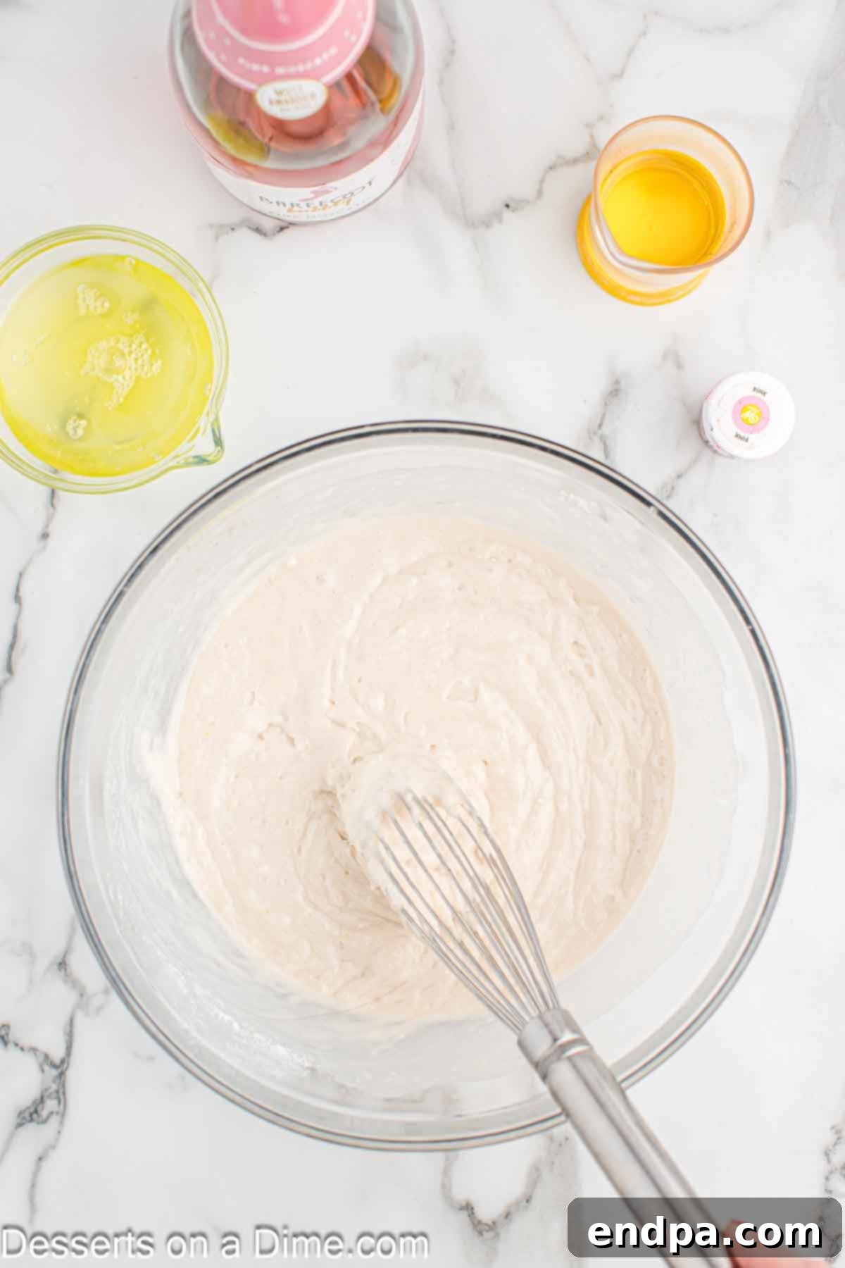 Cake batter in a mixing bowl.