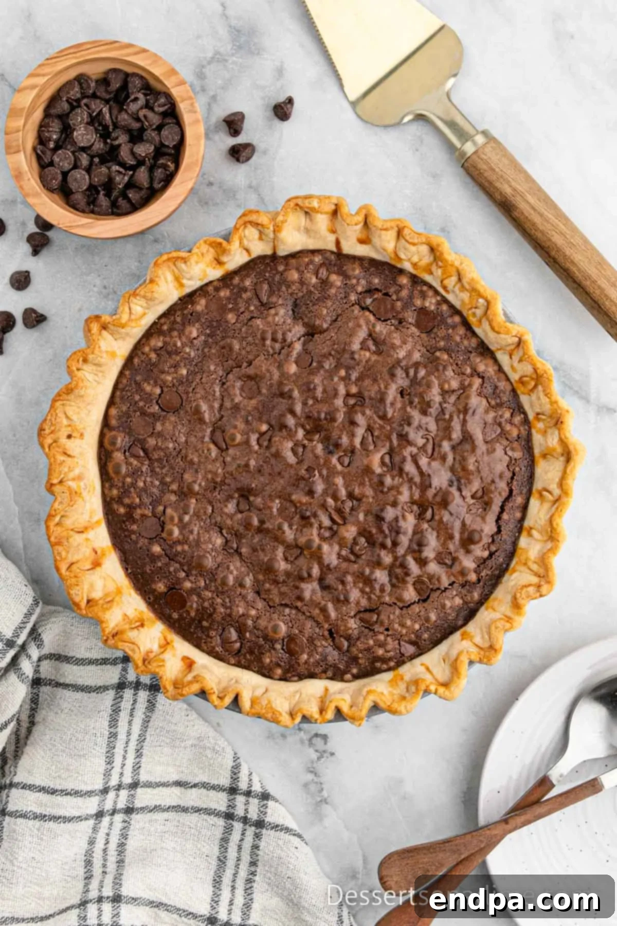 Brownie pie ready to cut.