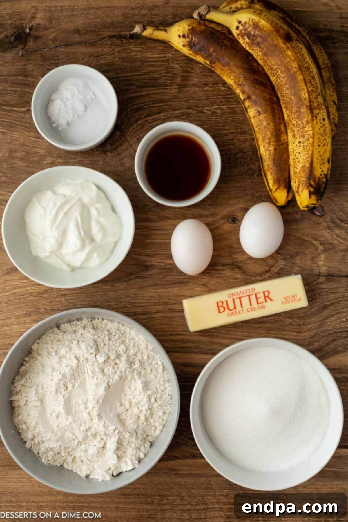 Decadent Banana Bread Brownies 3 Ingredients for brownies - sugar, sour cream, butter, eggs, bananas, vanilla, brown sugar, powdered sugar.