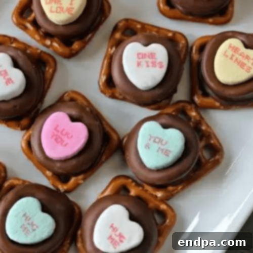 Valentine’s Day Rolo Pretzels with candy hearts