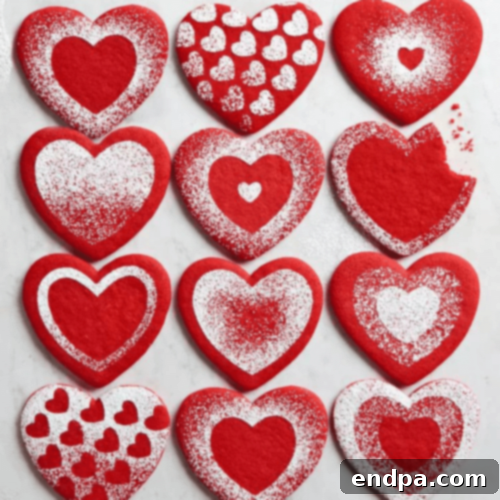 Red Velvet Heart Cookies with powdered sugar stencil