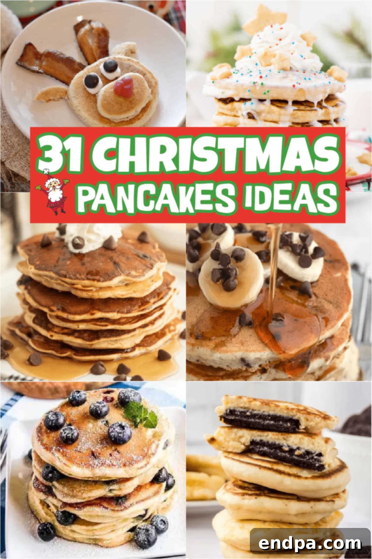 A festive stack of Christmas pancakes decorated with berries and powdered sugar, perfect for holiday breakfast.