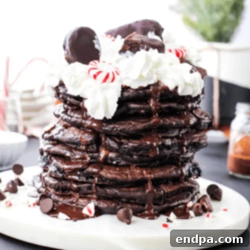 Dark Chocolate Peppermint Pancakes topped with whipped cream and crushed candy canes.