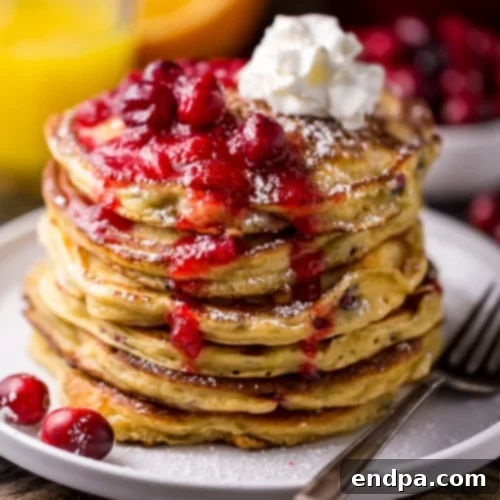 Cranberry Orange Pancakes drizzled with maple cranberry syrup and garnished with fresh cranberries.