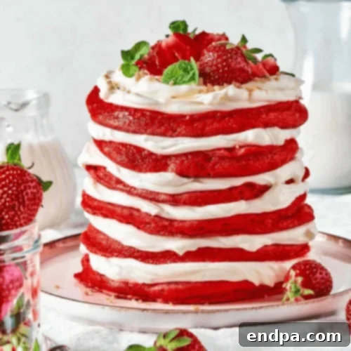 Red Velvet Pancakes topped with cream cheese glaze and berries.