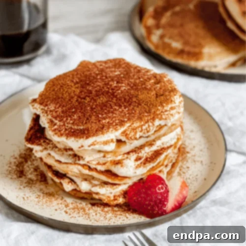 Tiramisu Pancakes stacked with mascarpone cream and cocoa powder.