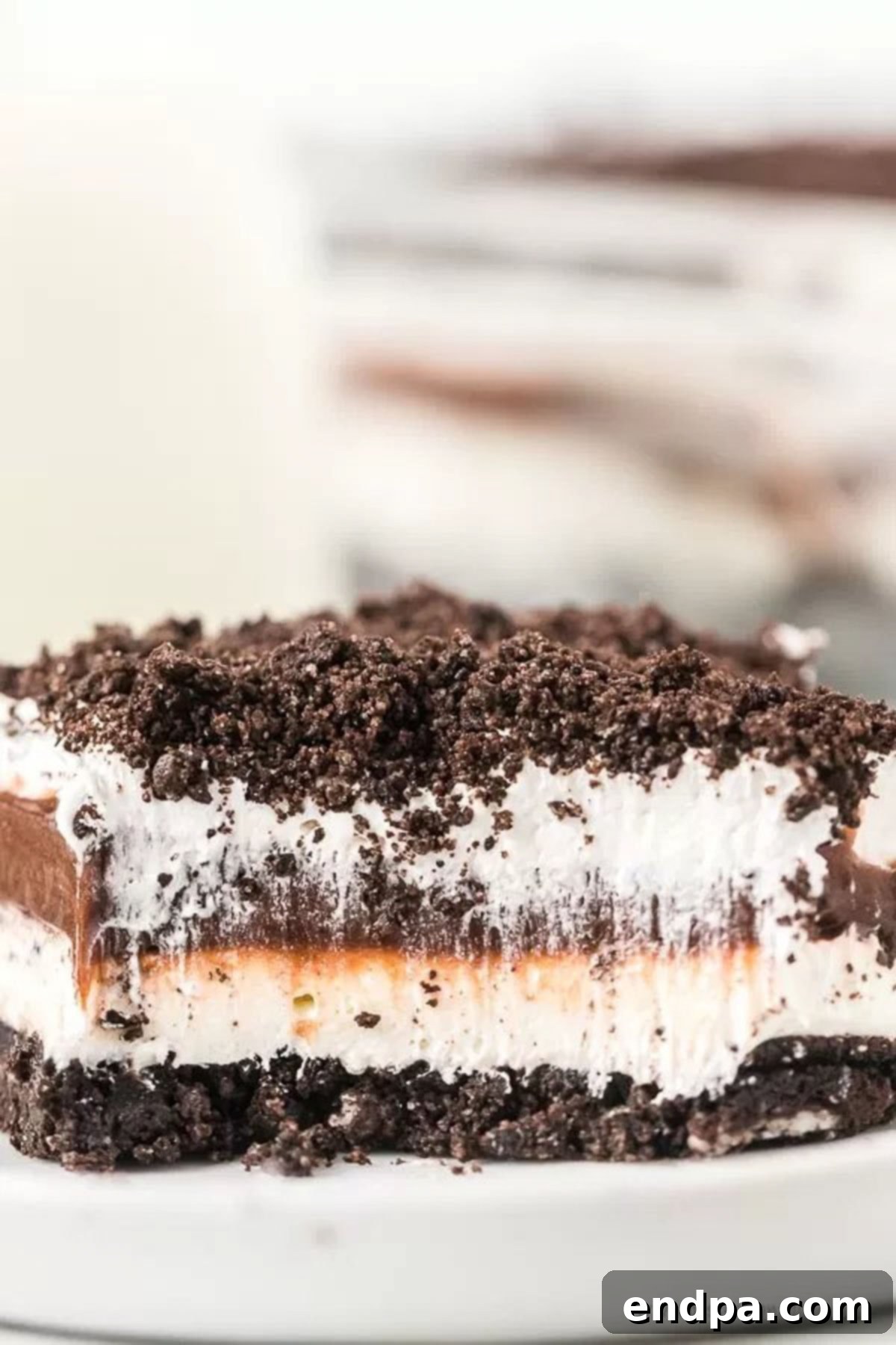 A slice of Chocolate Oreo Lasagna on a white plate, showcasing its distinct layers of cookie crust, cream cheese, pudding, and whipped topping.