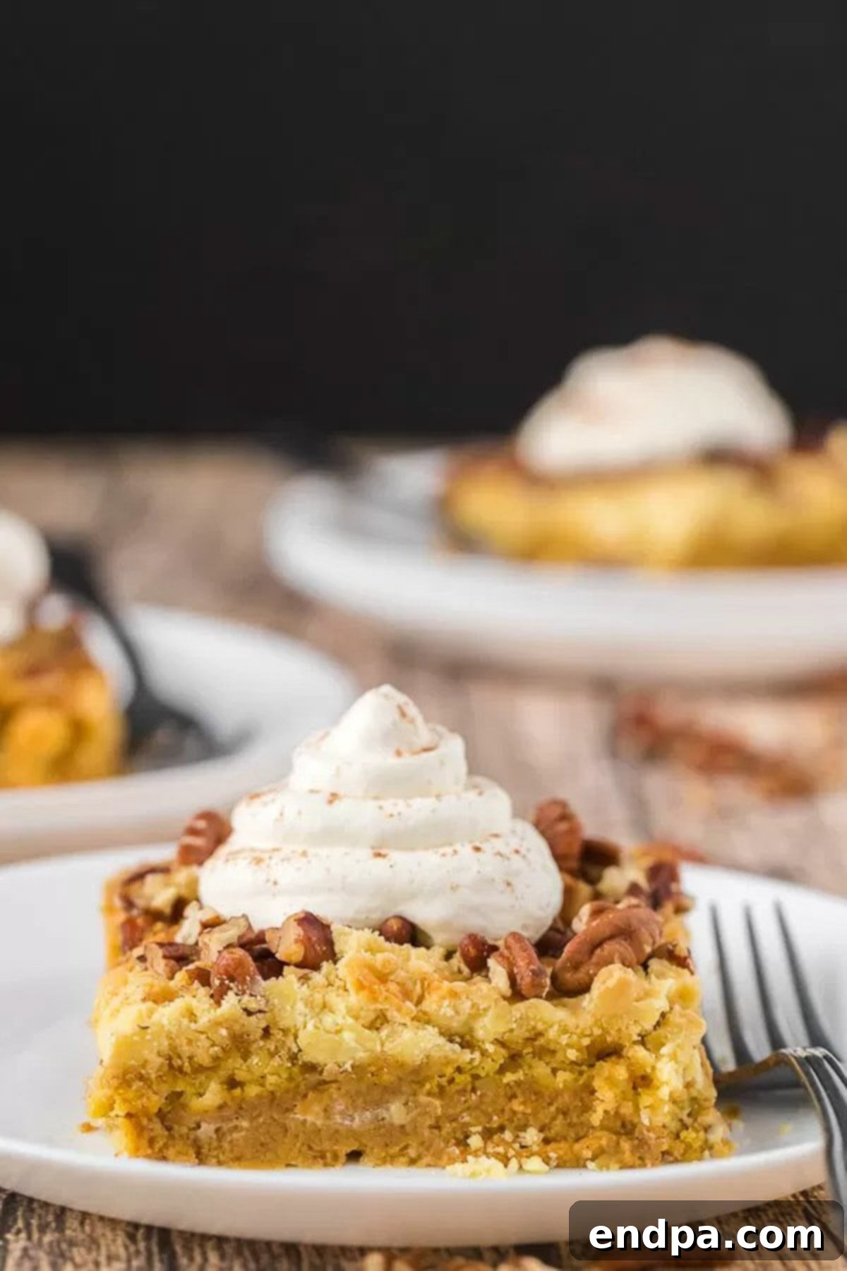 Served Slice of Pumpkin Pie Cake A beautifully plated slice of pumpkin pie cake, topped with a dollop of whipped cream and a sprinkle of cinnamon.