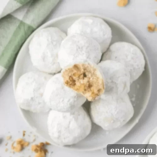 Powdered sugar dusted Russian Tea Cakes with walnuts
