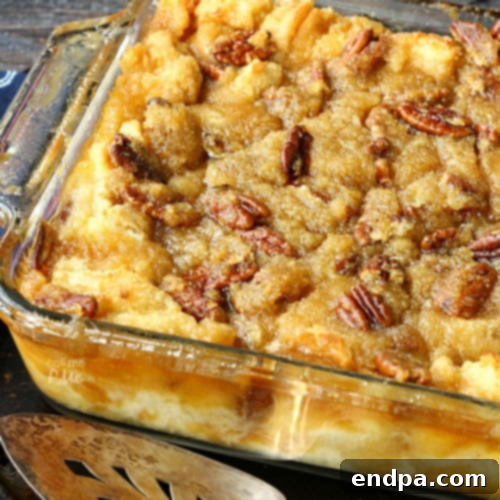 Pecan Pie Bread Pudding in a baking dish.