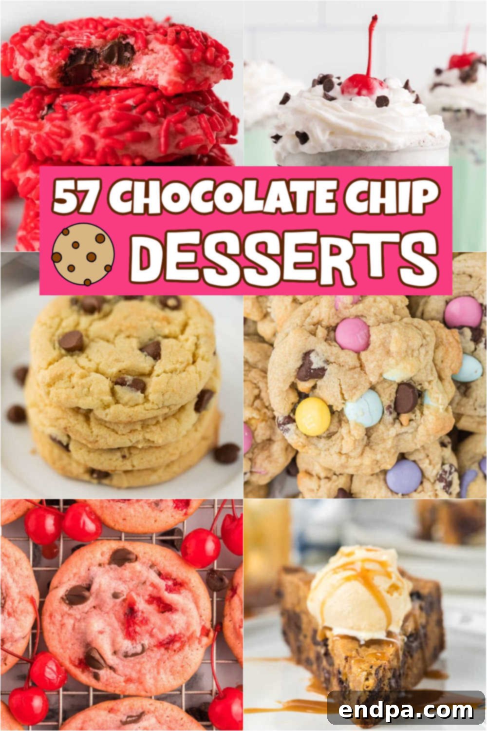 A vibrant assortment of chocolate chip desserts, including cookies, cakes, and bars, showcasing the versatility and delicious appeal of chocolate chips in various baked goods.
