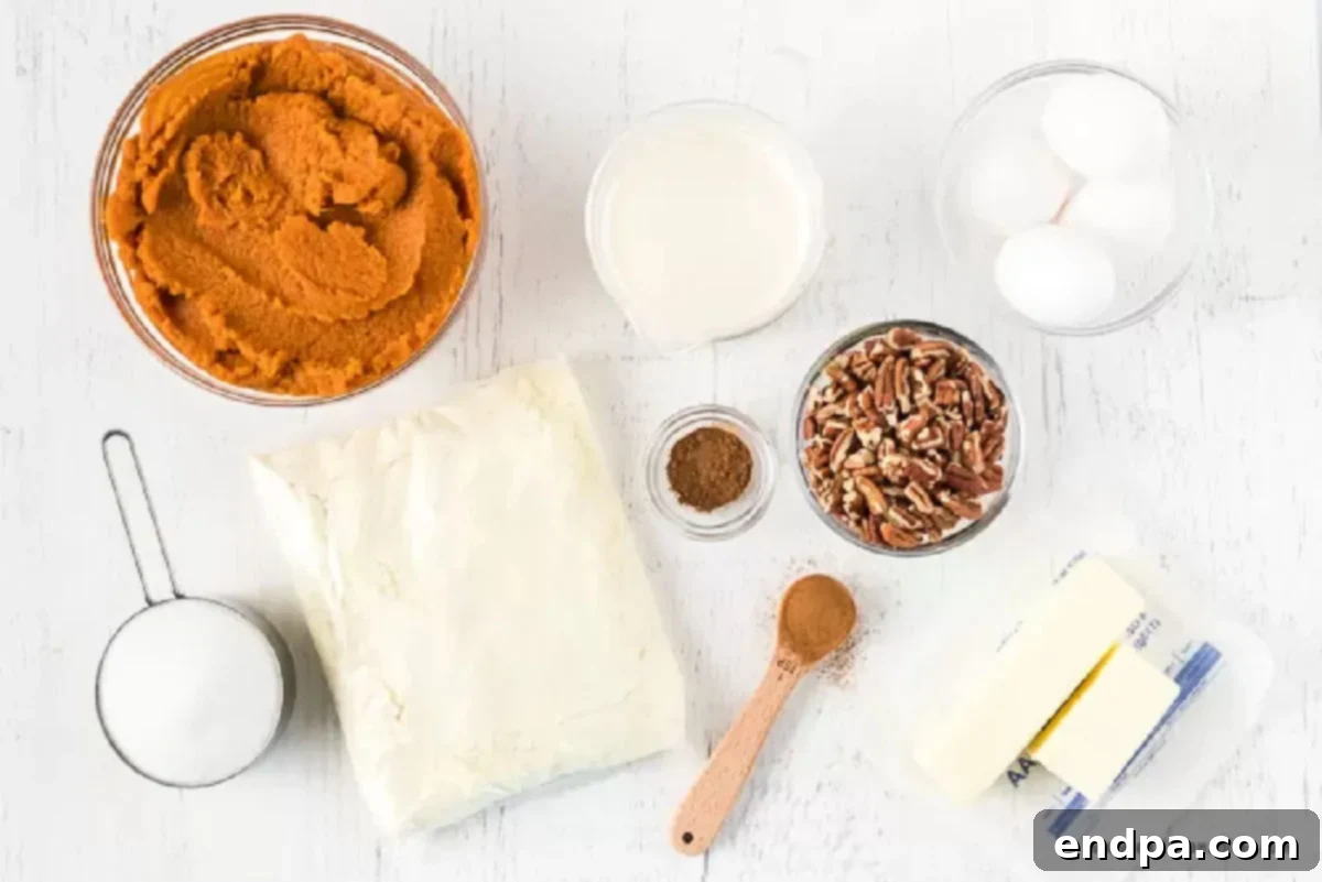 Ingredients for pumpkin dump cake: canned pumpkin, evaporated milk, pumpkin pie spice, sugar, eggs, cinnamon, yellow cake mix, chopped pecans, and butter.