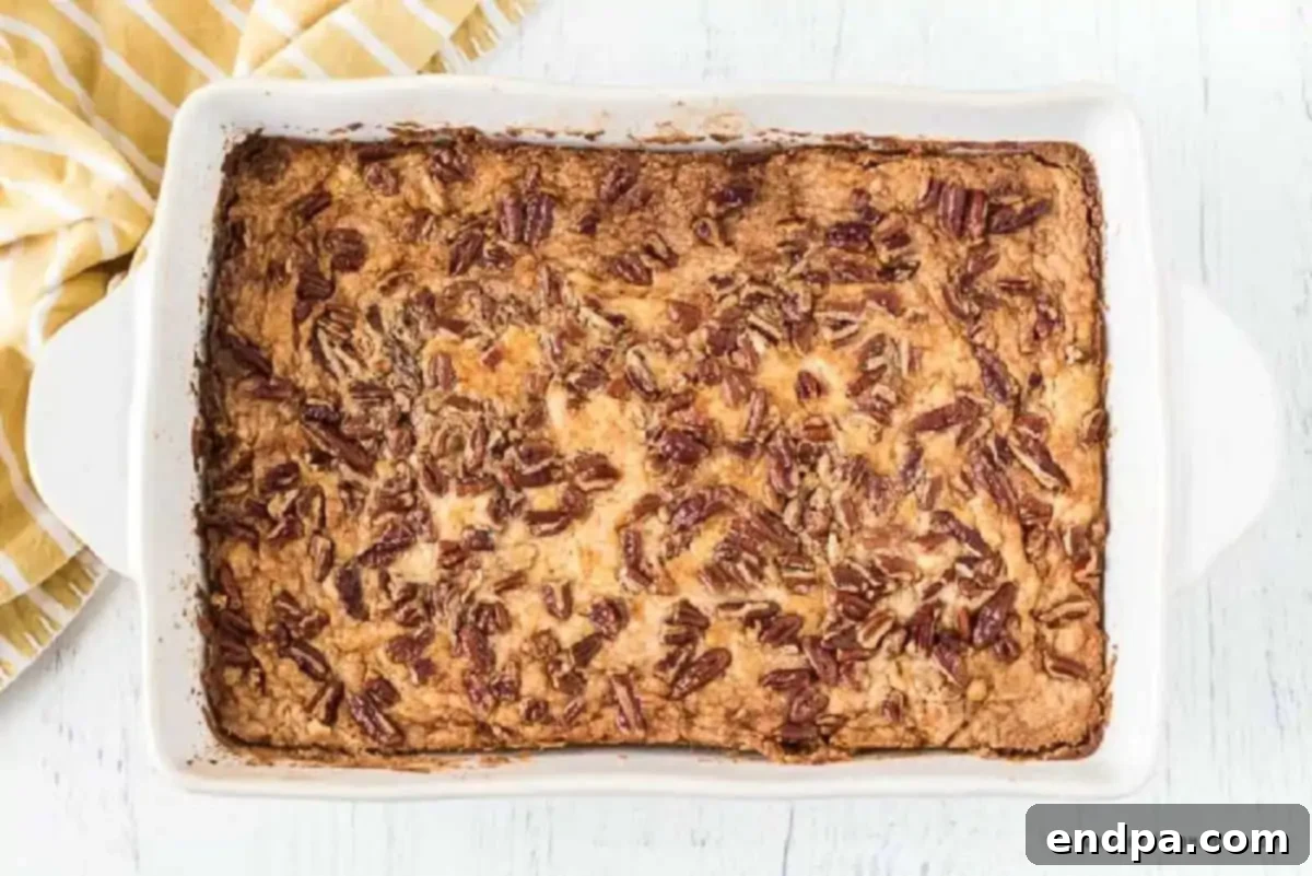 The baked pumpkin dump cake, golden brown and ready to serve, still in the baking pan.