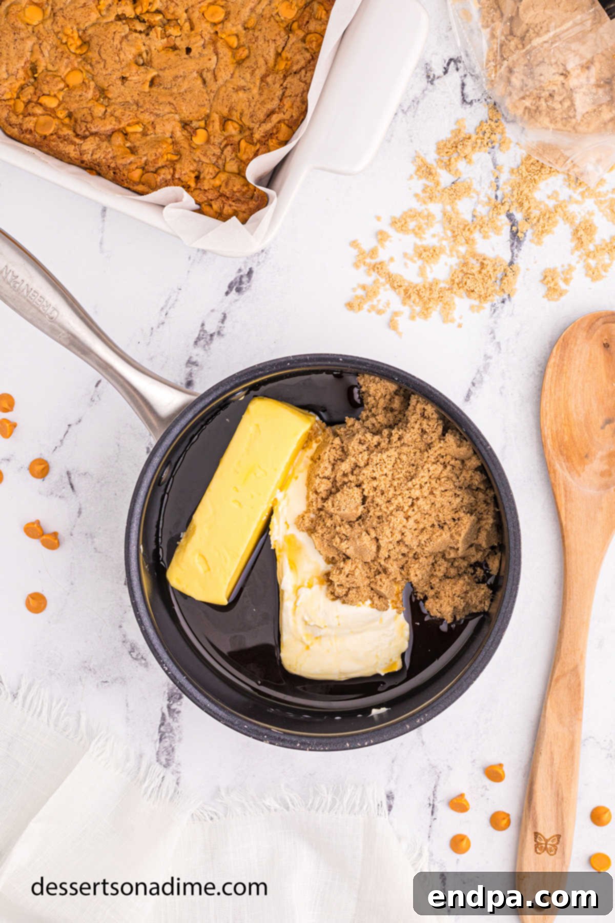 Maple Caramel Blondie Bars 11 Saucepan with glaze ingredients.