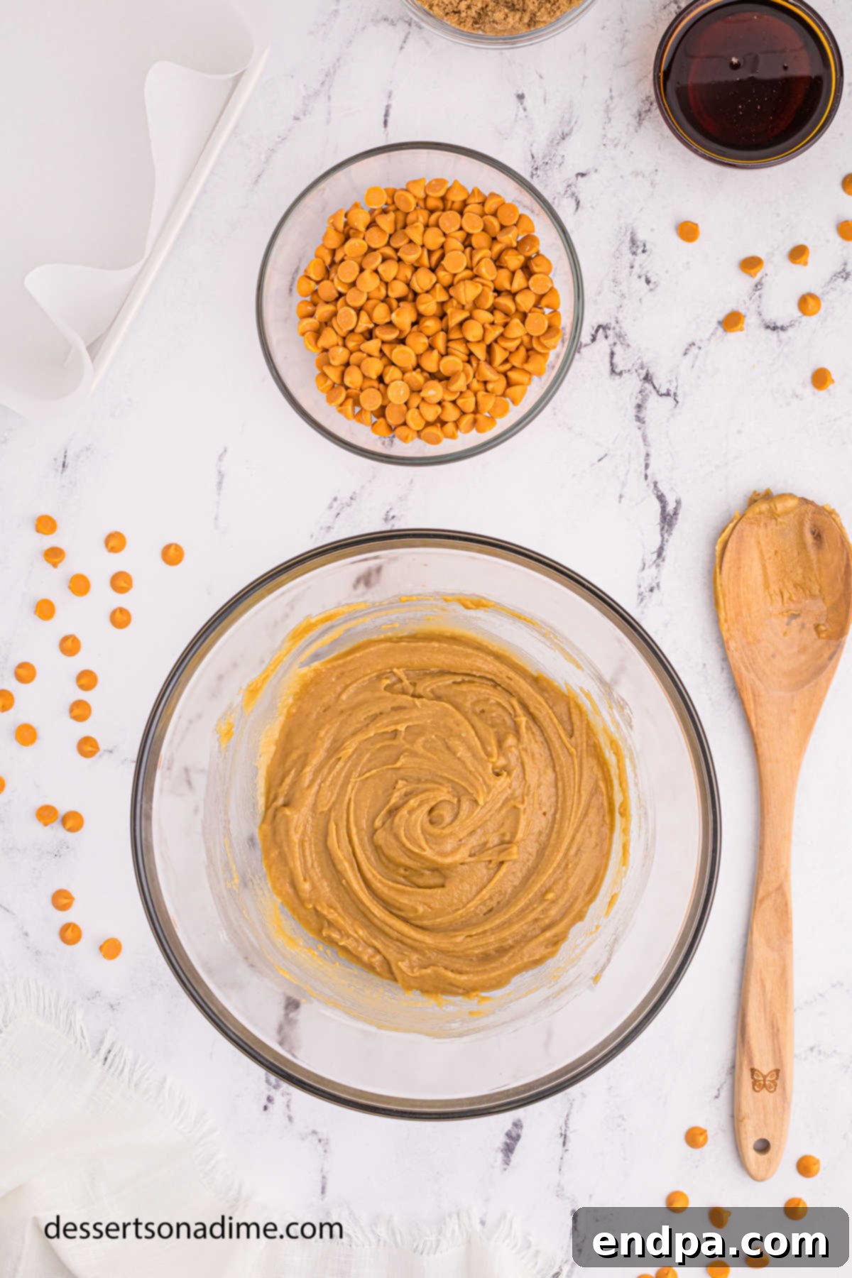 Maple Caramel Blondie Bars 8 Mixture combined and ready for butterscotch chips.