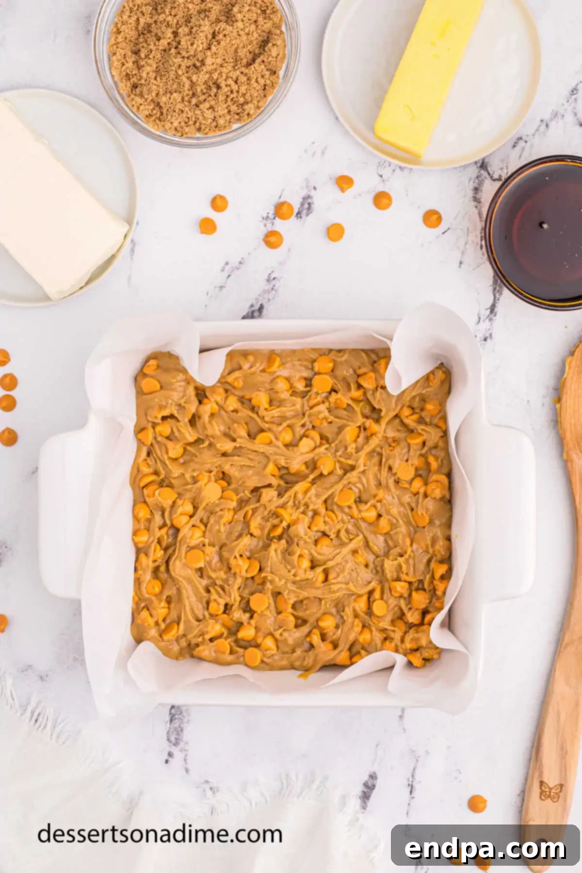 Maple Caramel Blondie Bars 10 Mixture spread into baking dish.