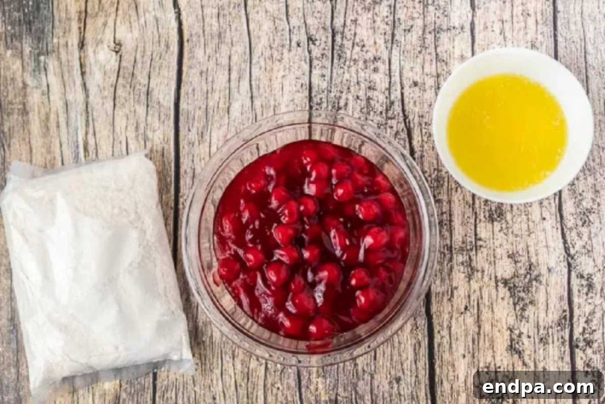 Three core ingredients for cherry dump cake: a box of yellow cake mix, two cans of cherry pie filling, and a stick of salted butter.
