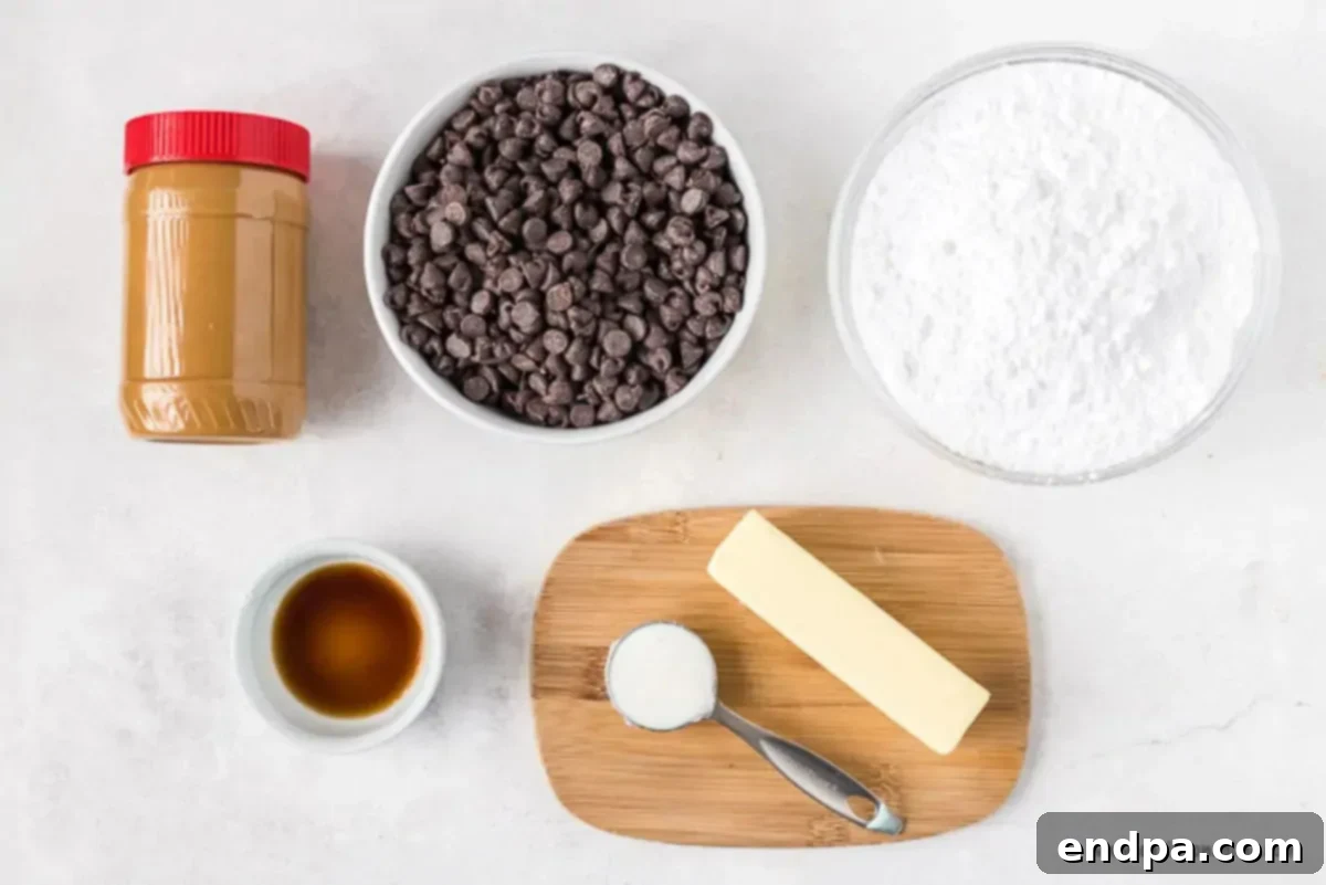 Buckeye Peanut Butter Delights 3 Key ingredients for homemade Buckeye Peanut Butter Balls displayed: creamy peanut butter, softened unsalted butter, fine powdered sugar, rich semisweet chocolate chips, and a bottle of pure vanilla extract.