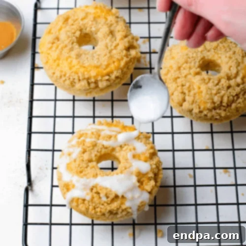 Coffee Cake Crumb Donuts topped with streusel, a comforting and sweet treat.