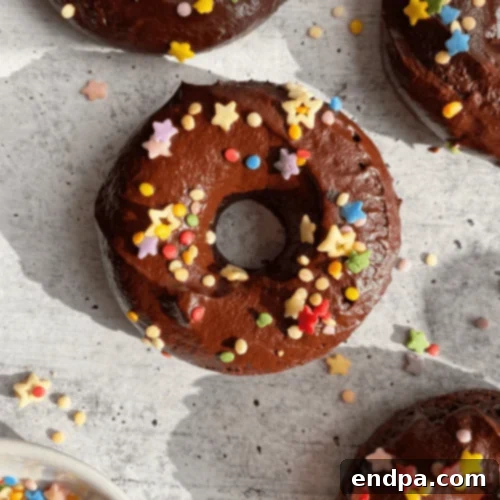 Chocolate Zucchini Donuts, baked and topped with dark chocolate icing.
