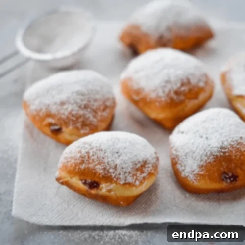 Sufganiyot, Israeli jelly-filled donuts, dusted with powdered sugar.