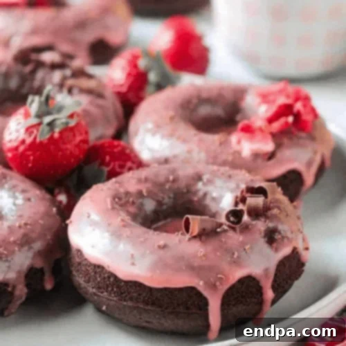 Vegan Chocolate Donuts with pink strawberry glaze, a healthy and delicious treat.