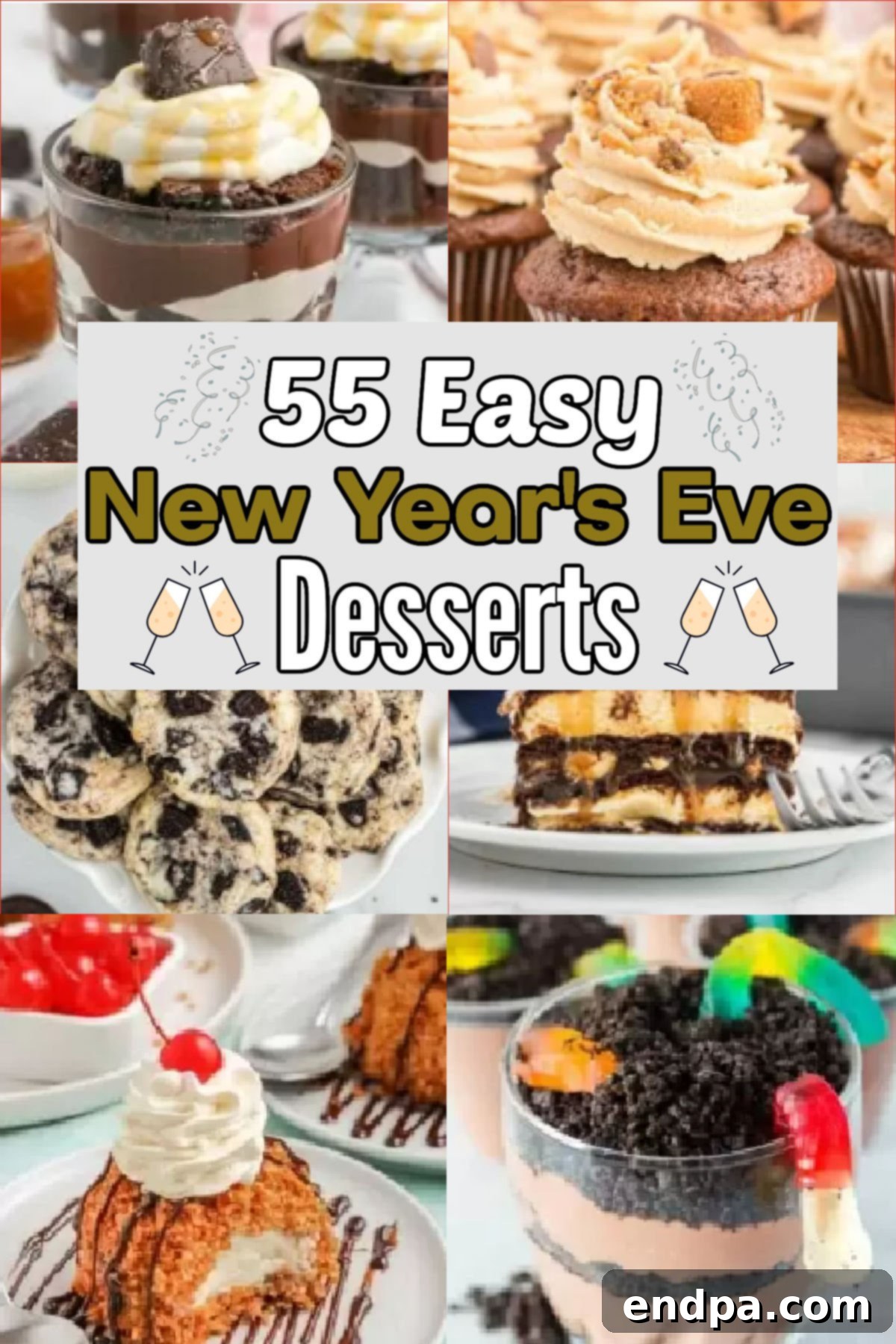 A festive spread of various New Year’s Eve desserts, including cakes, cookies, and tarts, adorned with sprinkles and glittering decor, ready for a midnight celebration.