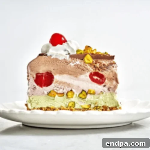 A vibrant Spumoni Ice Cream Cake, showcasing distinct layers of different ice cream flavors and mix-ins.