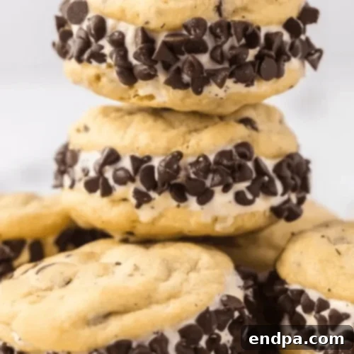 A classic Chocolate Chip Cookie Ice Cream Sandwich, generously filled with vanilla ice cream.