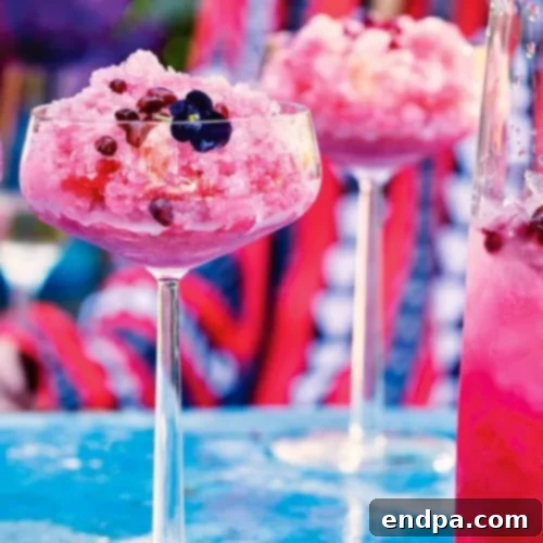 Elegant Pomegranate, Vodka, and Violet Granitas, glistening with ice crystals and vibrant colors.