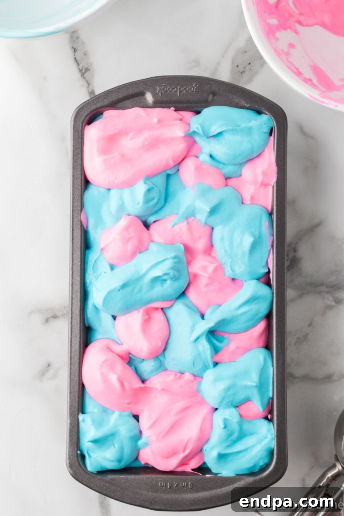 Loaf pan with mixture. 