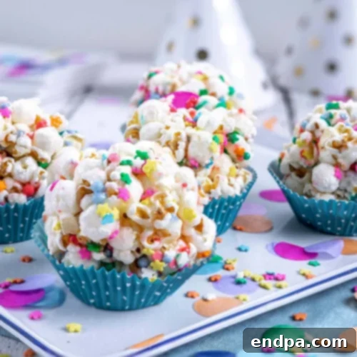 Candy Popcorn Balls studded with various colorful candies and sprinkles.
