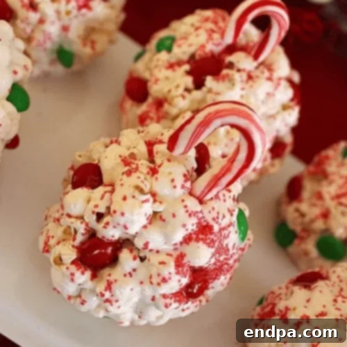 Colorful Ornament Popcorn Balls, resembling festive holiday decorations.