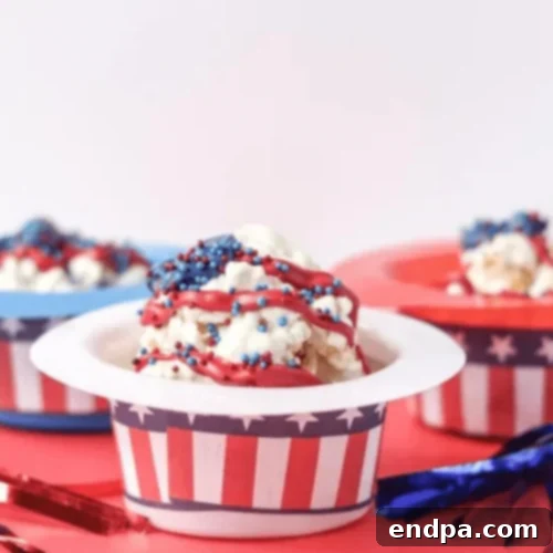 Firecracker Popcorn Balls, adorned with red, white, and blue decorations.