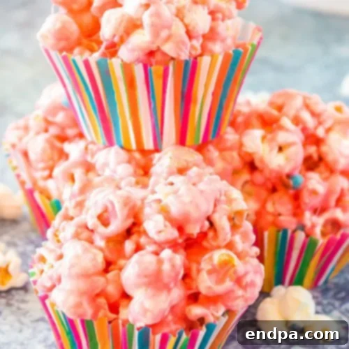 Sweet Strawberry Popcorn Balls, colored pink with gelatin and decorated with sprinkles.