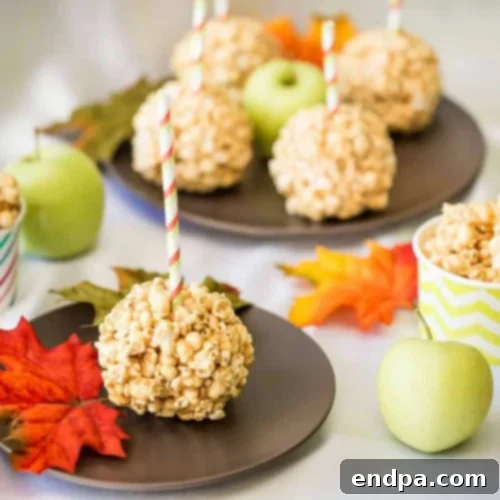 Caramel Apple Popcorn Balls, with a gooey caramel apple coating.