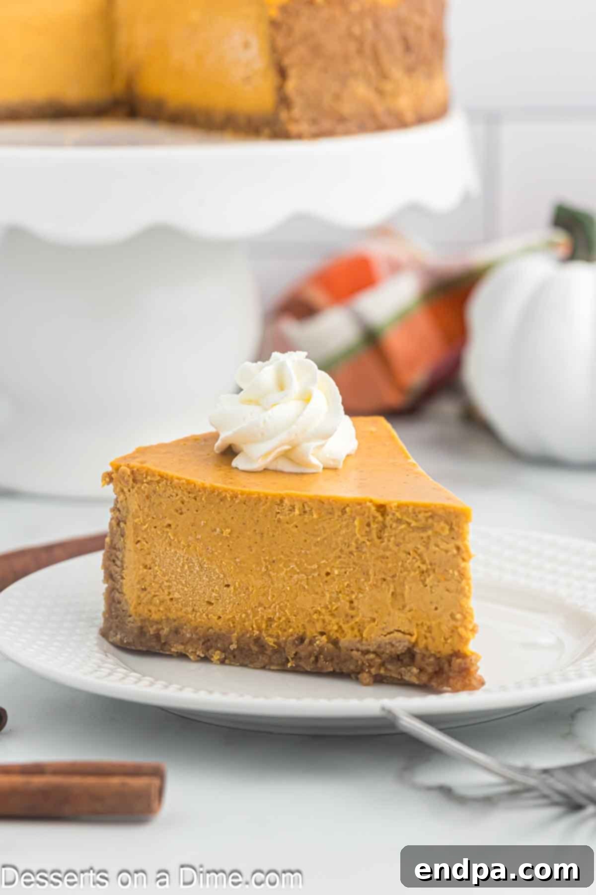 Velvet Pumpkin Spice Cheesecake 2 A perfectly sliced pumpkin cheesecake with a creamy filling and a golden brown graham cracker crust, presented elegantly on a white plate, ready to be served.