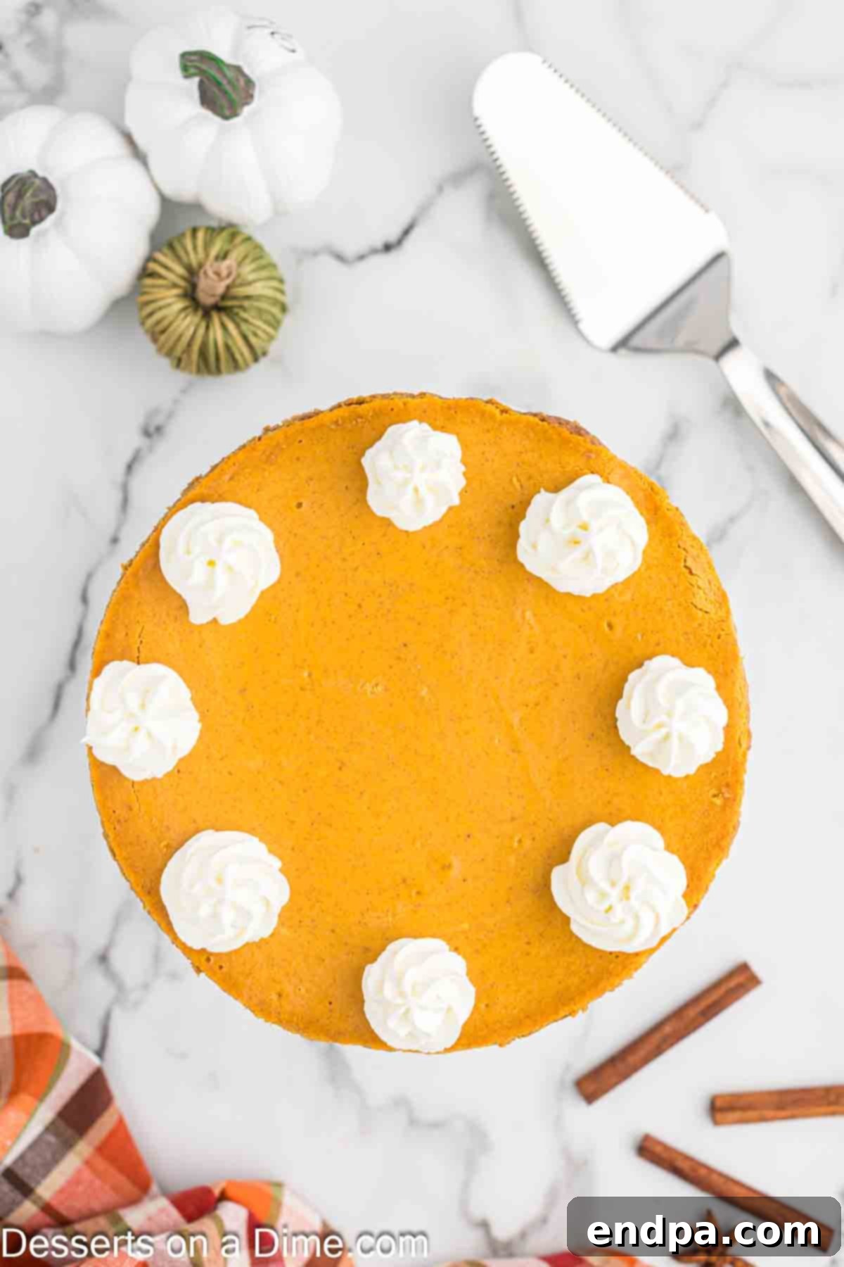 Velvet Pumpkin Spice Cheesecake 8 A perfectly sliced pumpkin cheesecake topped with a generous swirl of homemade whipped cream, sitting on a white plate ready for a festive autumn treat.