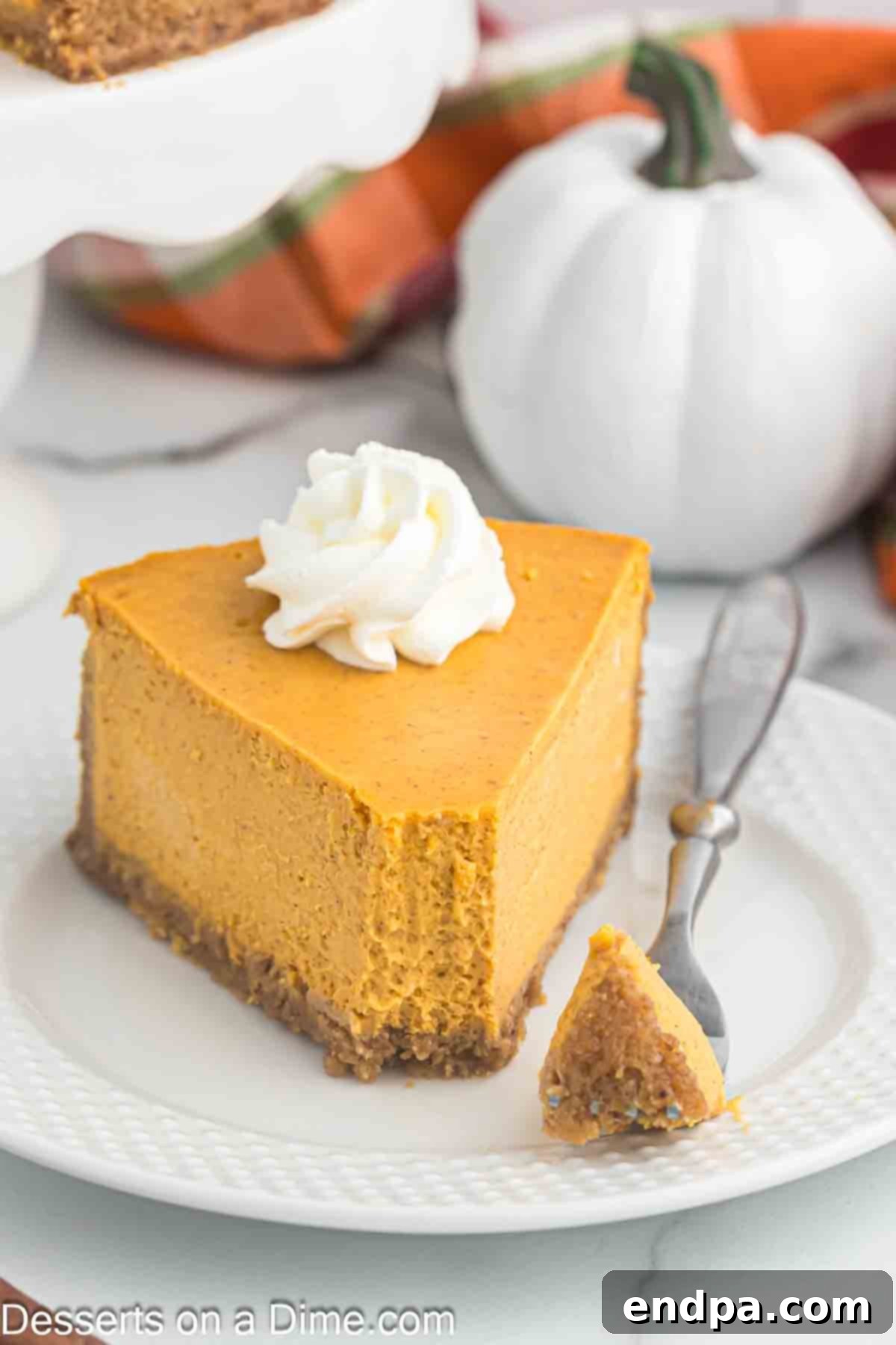 Velvet Pumpkin Spice Cheesecake 9 A tantalizing close-up of a single slice of pumpkin cheesecake on a white plate, showcasing its smooth texture and a hint of the graham cracker crust.