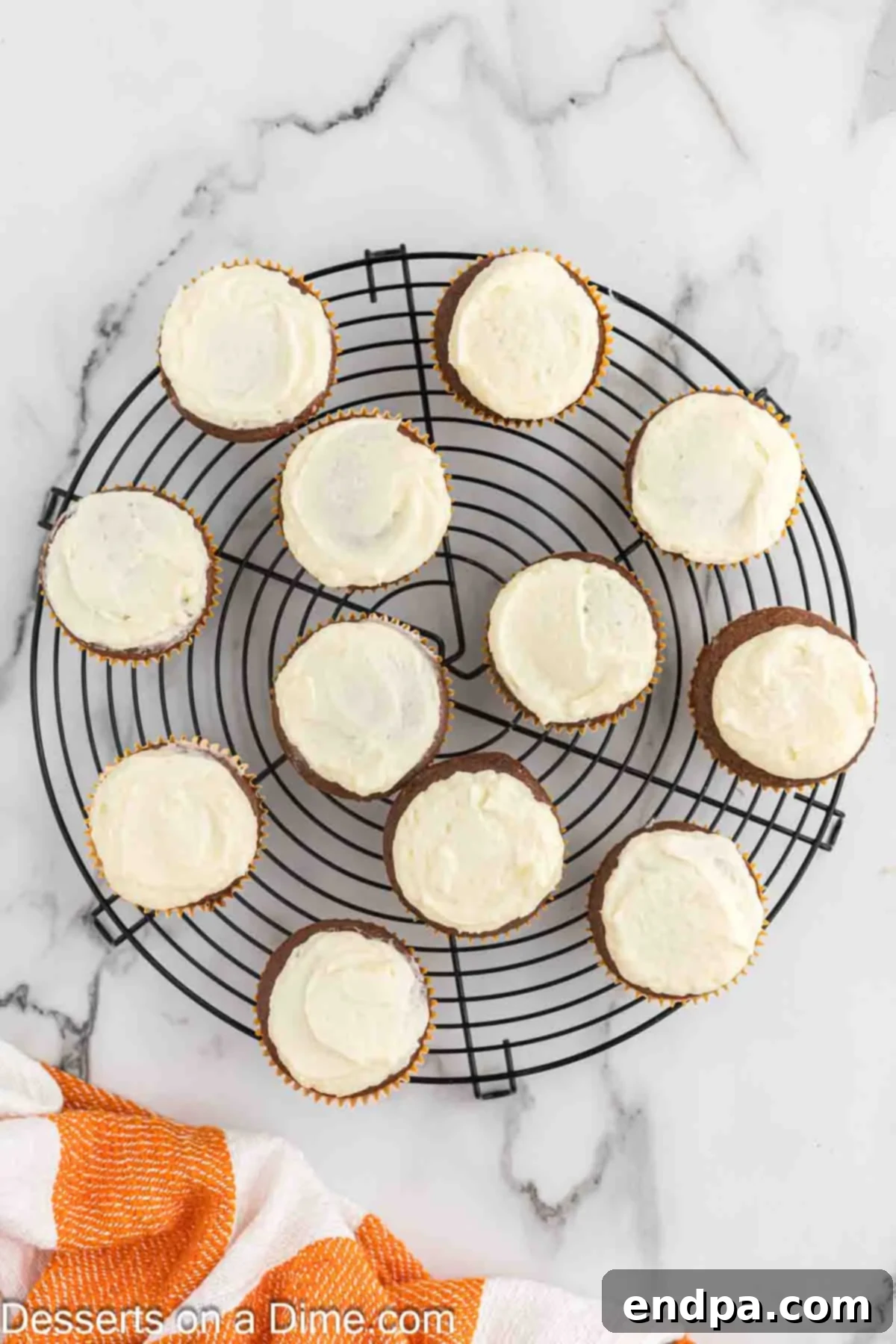 Chocolate cupcakes resting on a cooling rack, freshly frosted with a smooth, light buttercream, ready for the spider web design.