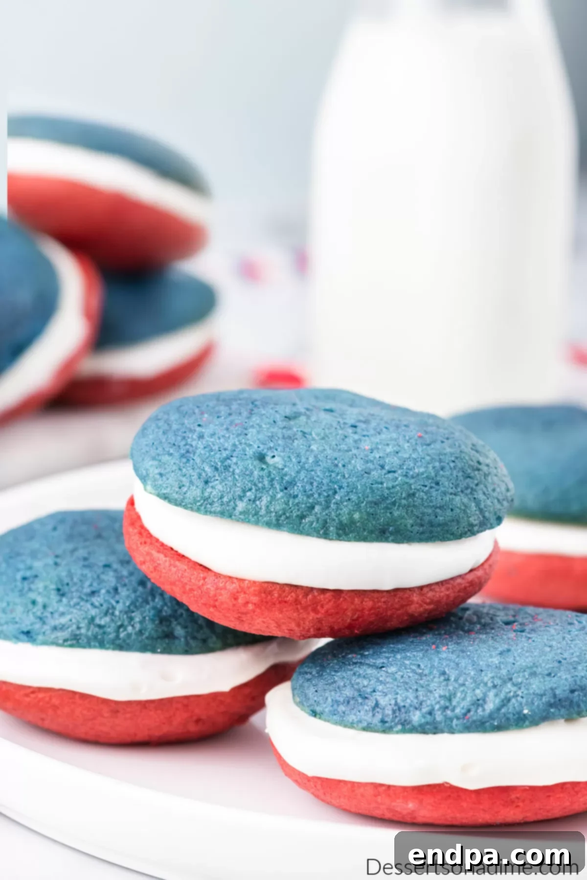 Patriotic whoopie pies in a stack.